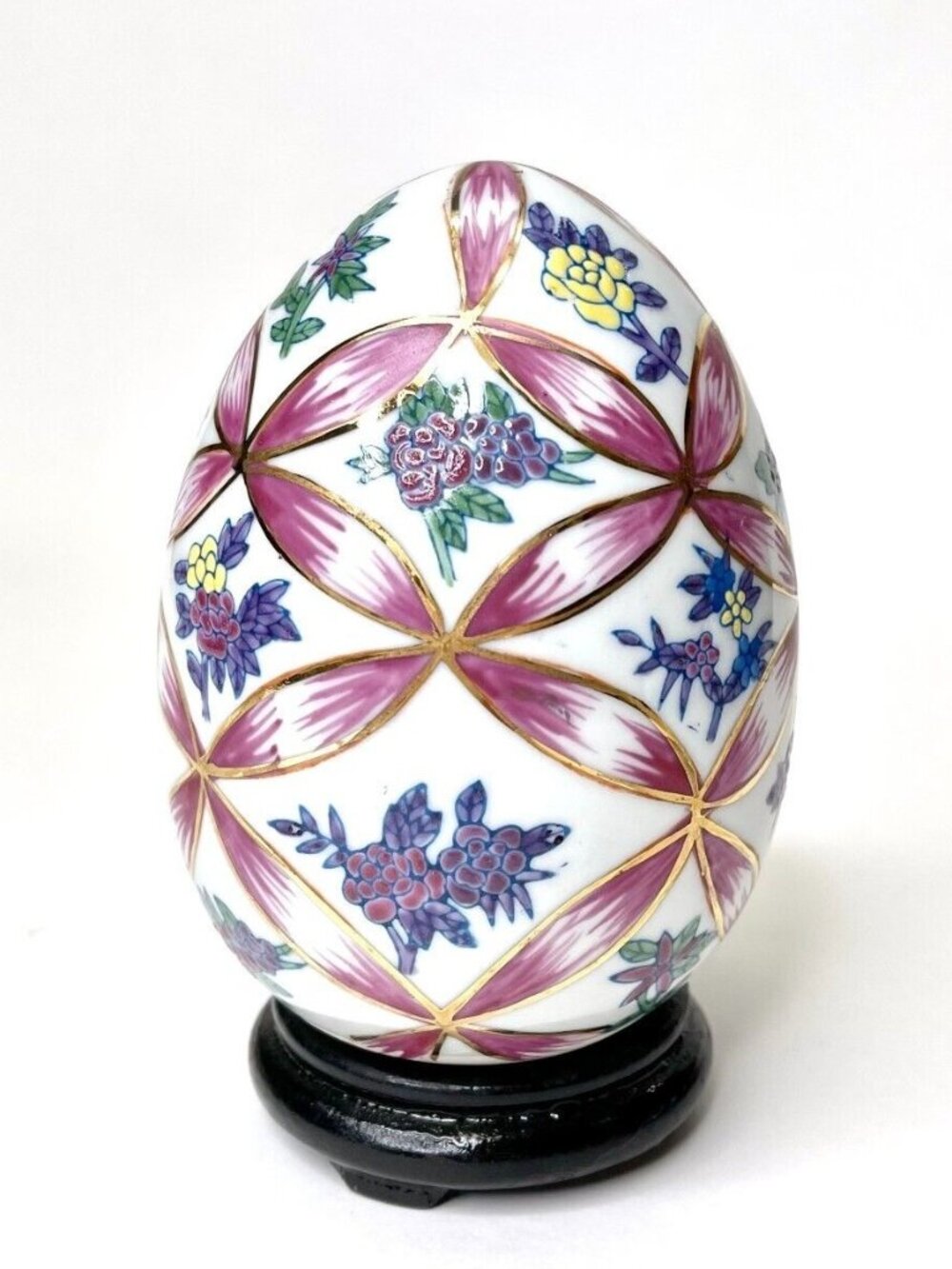 Vintage Chinese Hand-Painted Porcelain Egg Pink Ribbon Floral Wood Stand
